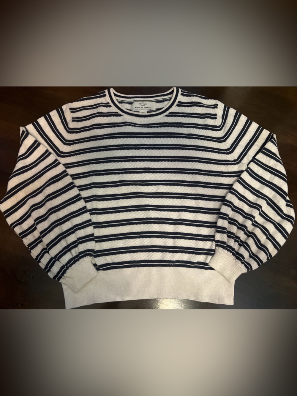 Trovata Birds of Paradis White & Navy Striped Crewneck Cable Knit Small Luxury
